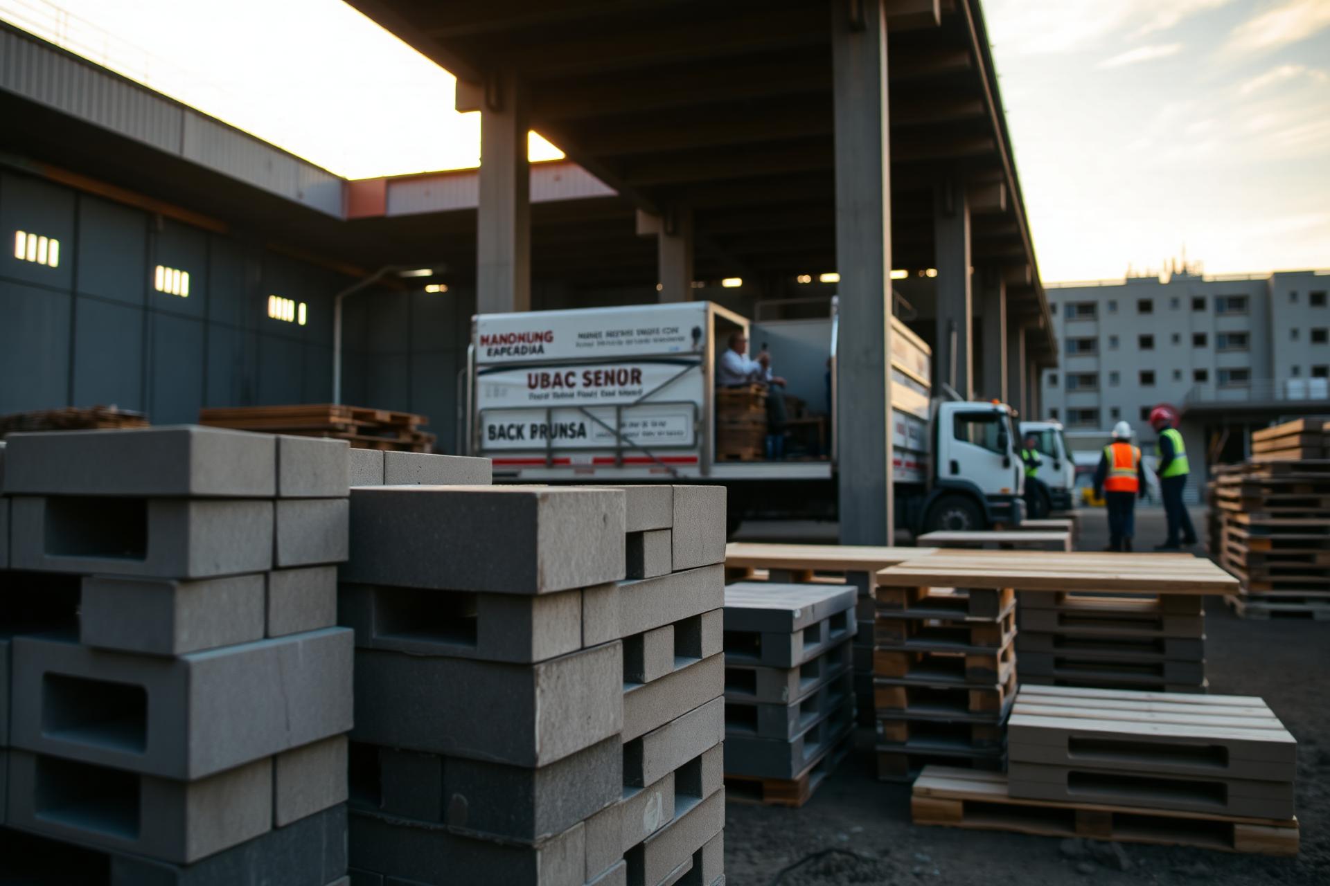 Construction site with stacked materials and delivery trucks